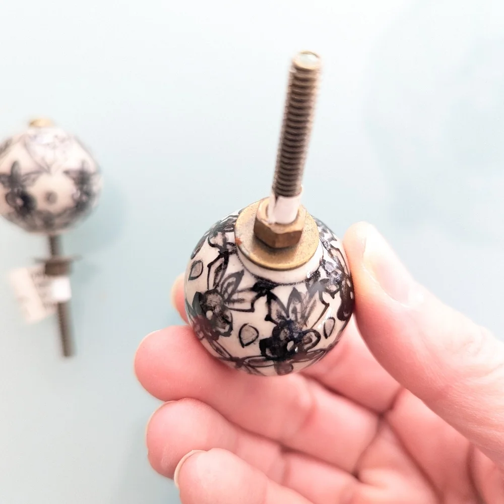 Hobby Lobby Pottery Knobs Floral Black and White Flower Drawer Pulls - Set of 2